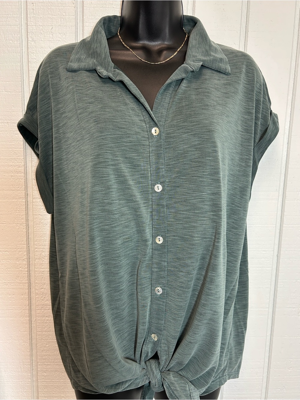 Green Envelope Sage Green Short Sleeve Button-Down Tie Front Shirt